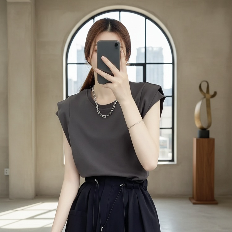 패션 슬림핏 이중 통기 티셔츠 여 소매 박시 반팔 티셔츠 여성 티셔츠