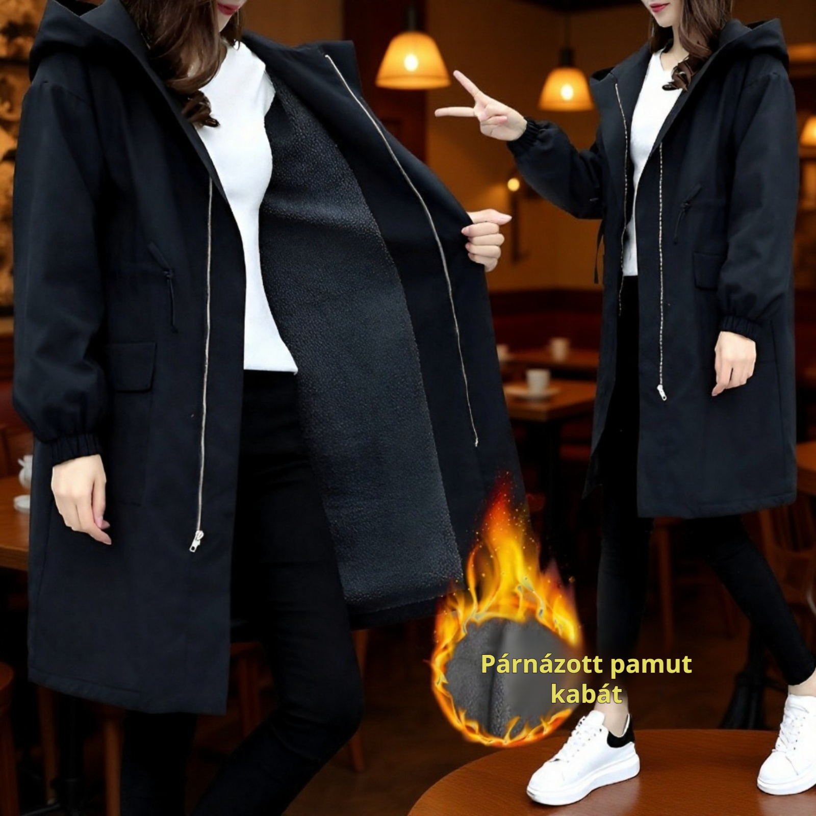 2025 polárbéléses női középhosszú kabát elölről