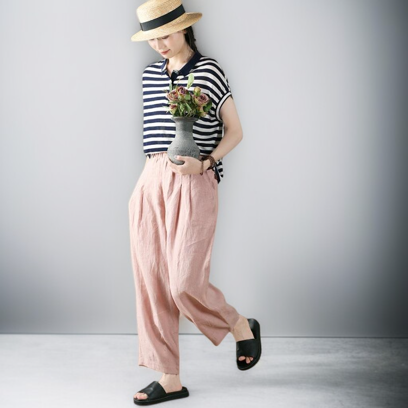 レディース シワ加工コットンリネン カジュアル ワイドレッグパンツ
