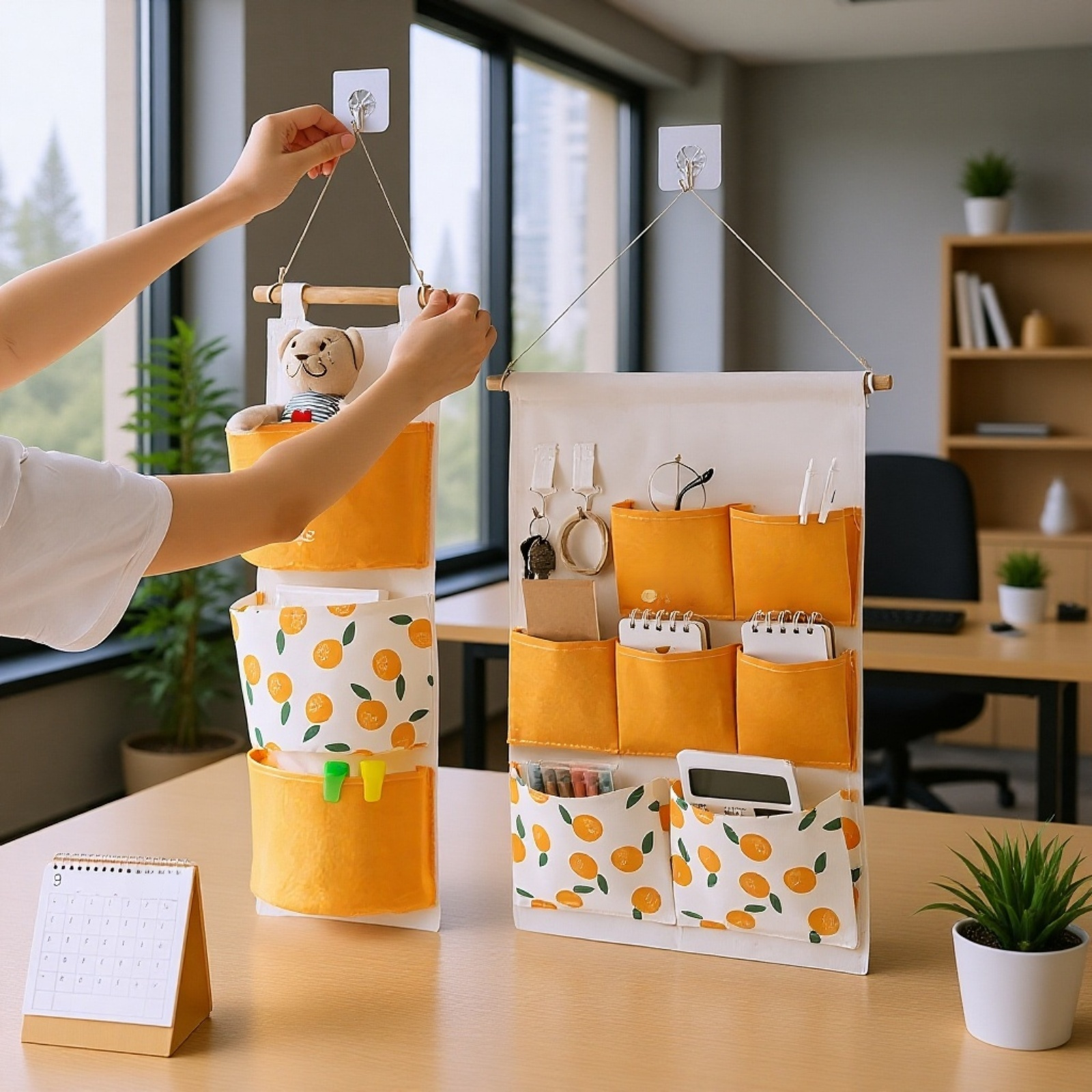 布製壁掛け収納バッグ ベッドサイドに設置した様子