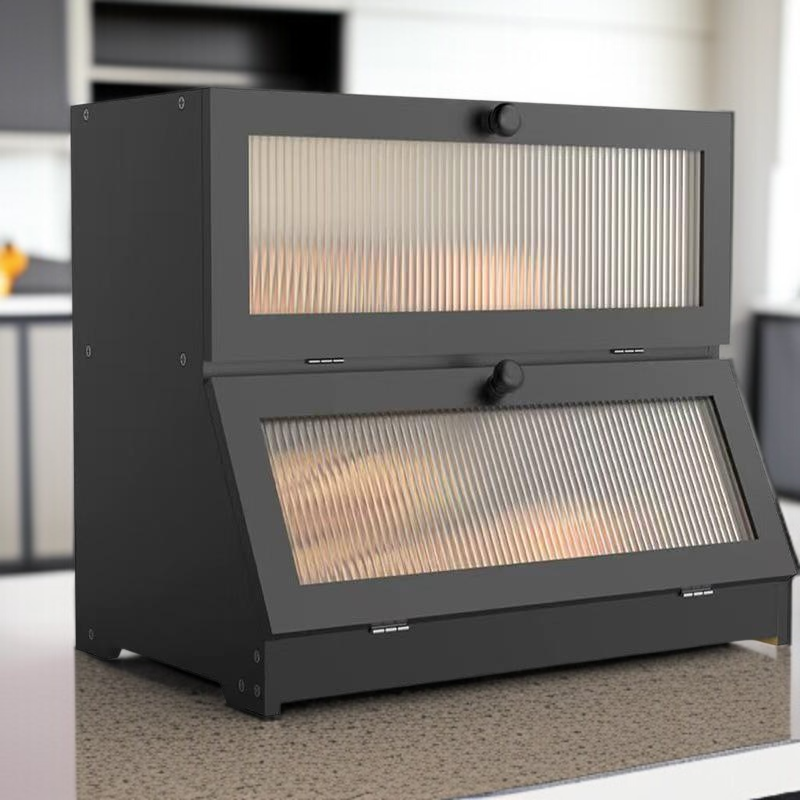 Double-layer bamboo bread box acrylic detachable fruit storage box solid wood snack bread box storag