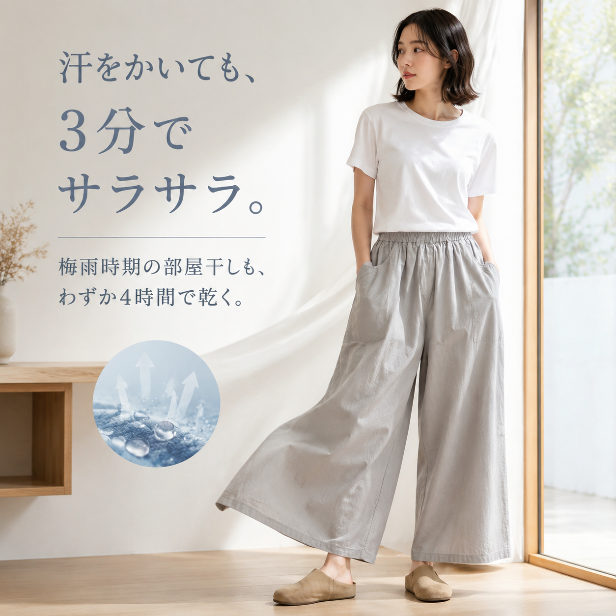 レディース夏ワイド速乾九分丈パンツ 日系シンプルカジュアル