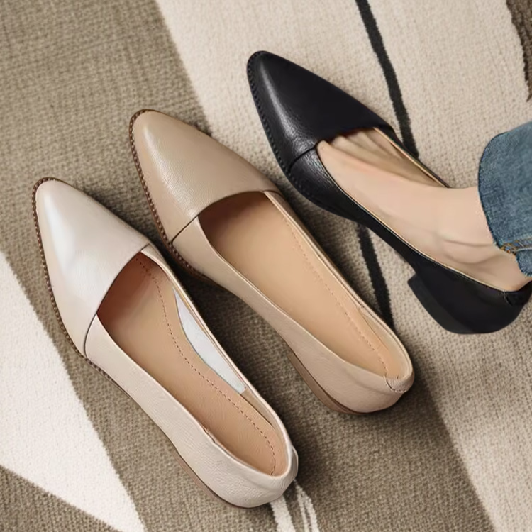 살구색 소프트 가죽 여성 스틸레토 단화 미들 굽 통굽 여성화