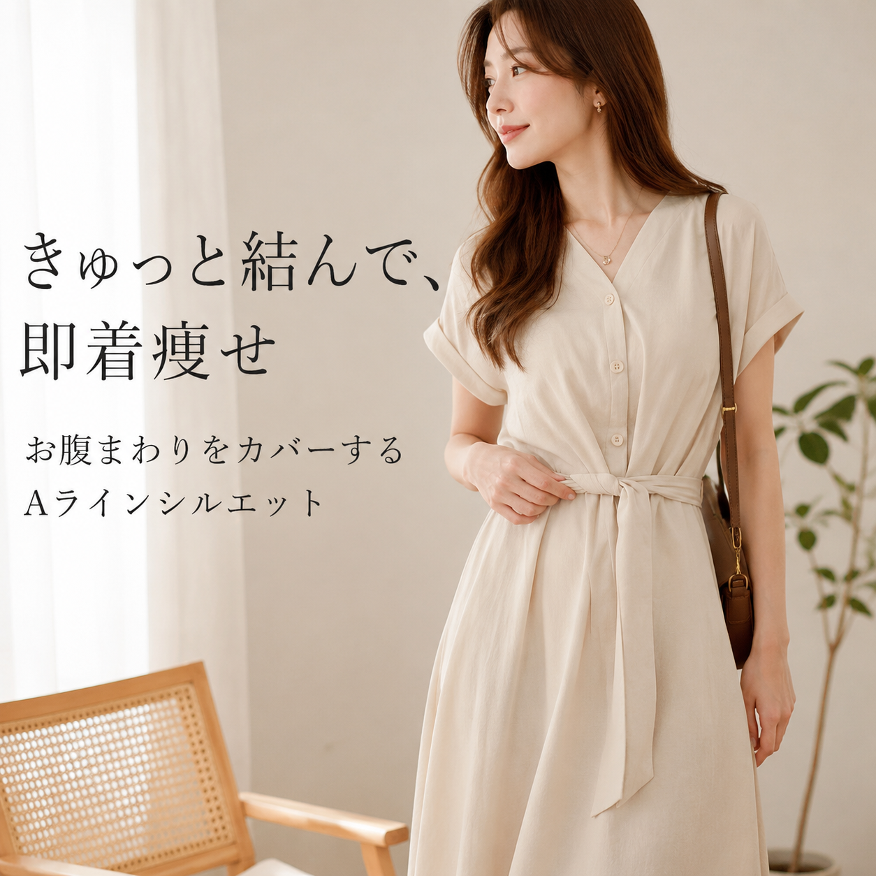 日韓風ウエストリボン付き細見えワンピース