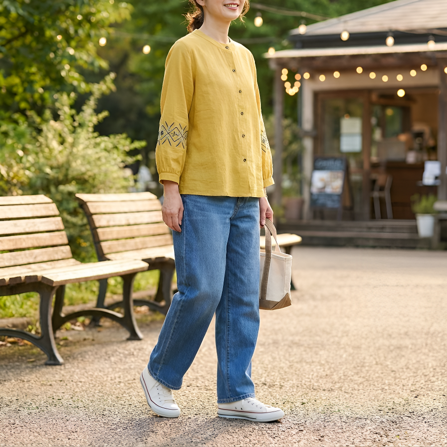母親向け春秋綿麻大きいサイズ長袖シャツ
