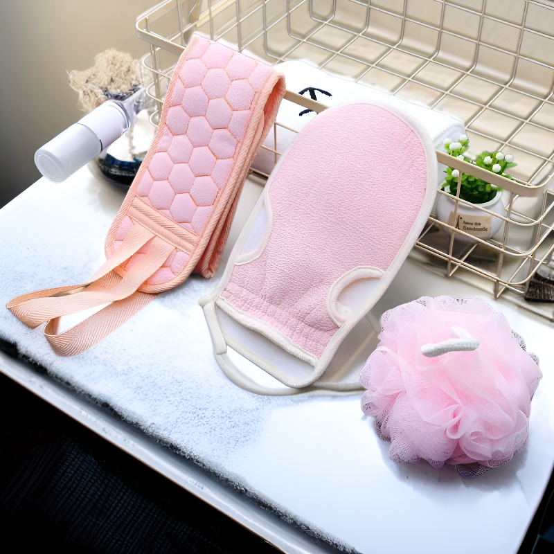 ชุดผ้าขนหนูสามชิ้น ใยขัดตัวฟองน้ำ ถุงมืออาบน้ำ แถบขัดหลังยาว