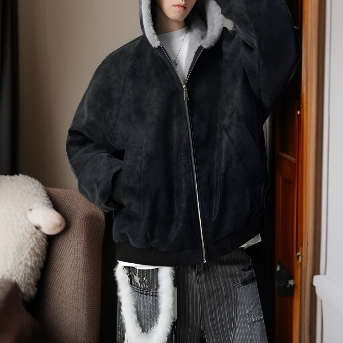 Chaqueta masculina de invierno estilo americano, PU con forro cálido y capucha, resistente al viento