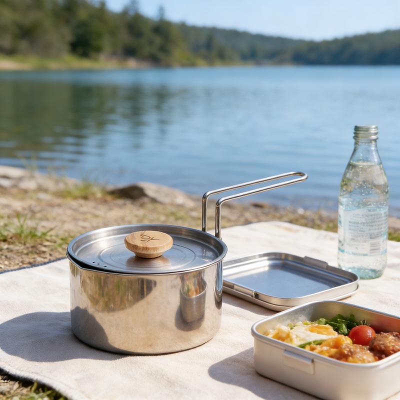 携帯用ステンレスキャンプケトル、蓋と折りたたみハンドル付き、アウトドアクッキング用