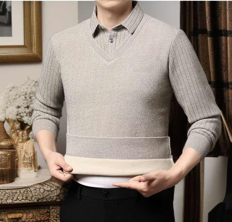 남성 가짜 더블 터틀넥 기모 두꺼운 니트
