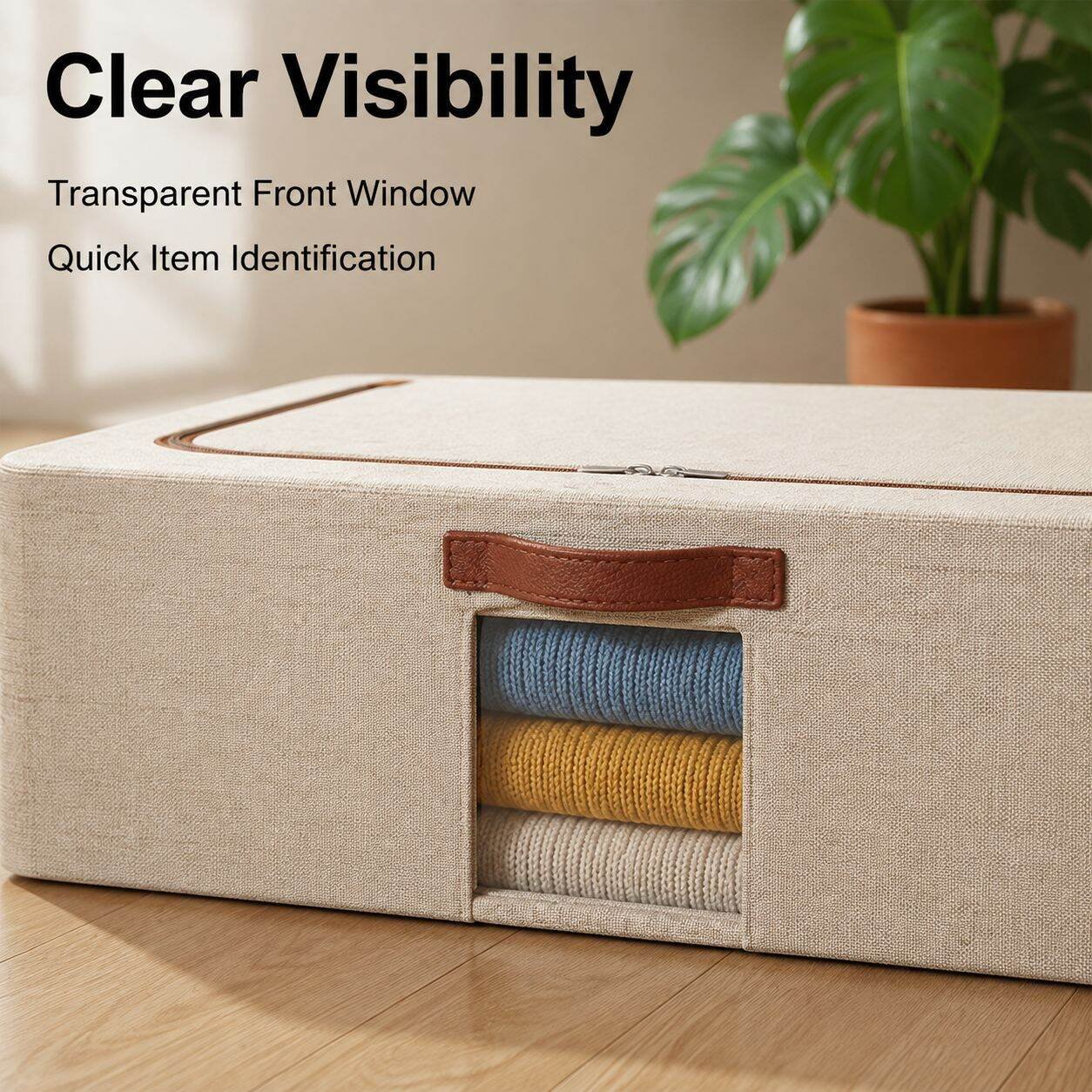 Cotton and linen under-bed storage box with wheels and lid, flat household clothing and quilt storag