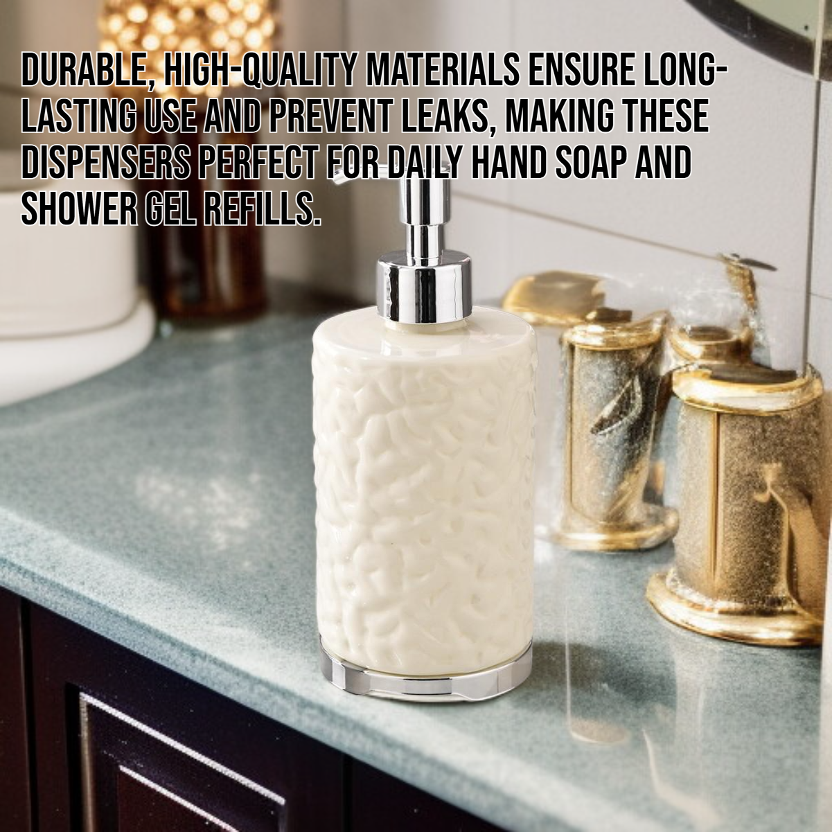 Minimalist and sophisticated bathroom hand soap and shower gel dispenser bottles