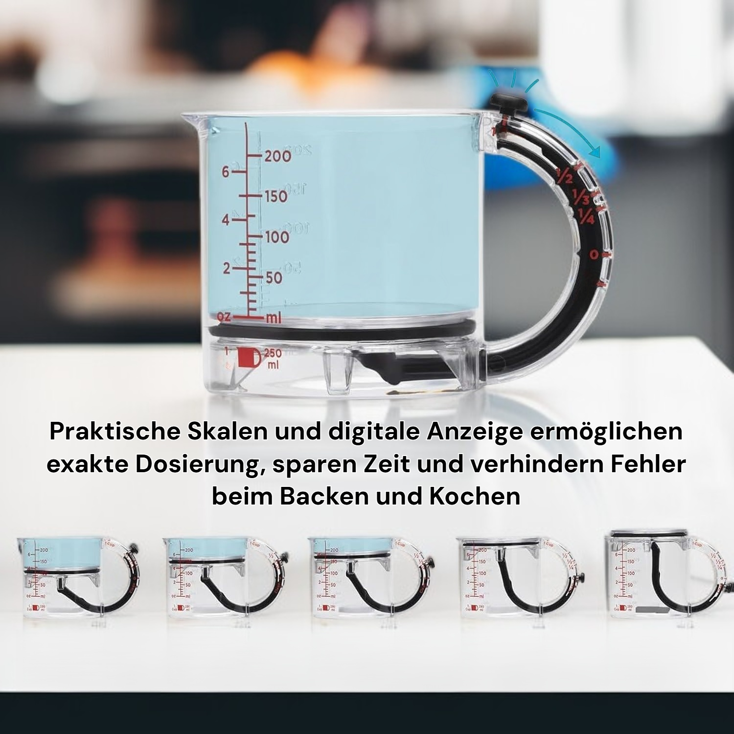 Multifunktionaler 4-in-1-Messbecher auf Küchentisch