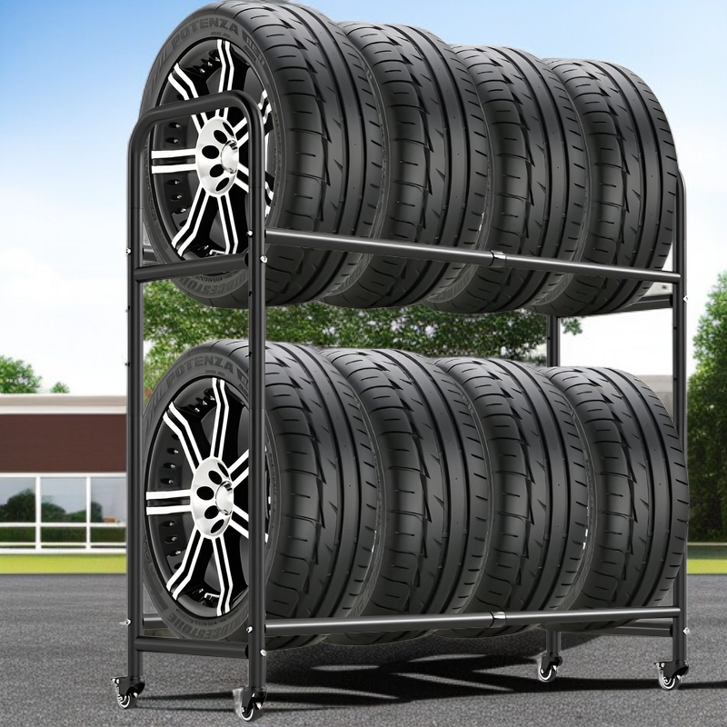 Estante de almacenamiento de neumáticos de dos niveles grande y ajustable en altura