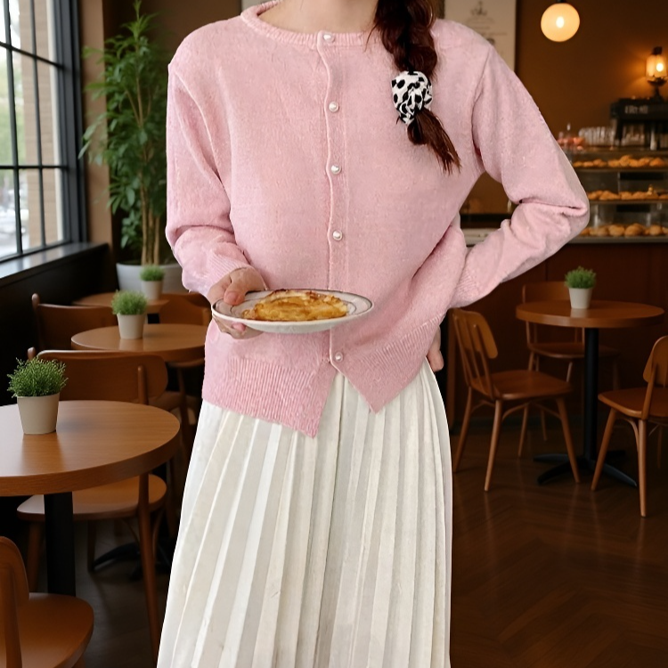 고급스러운 진주 버클 여성 니트 가디건 정면 이미지