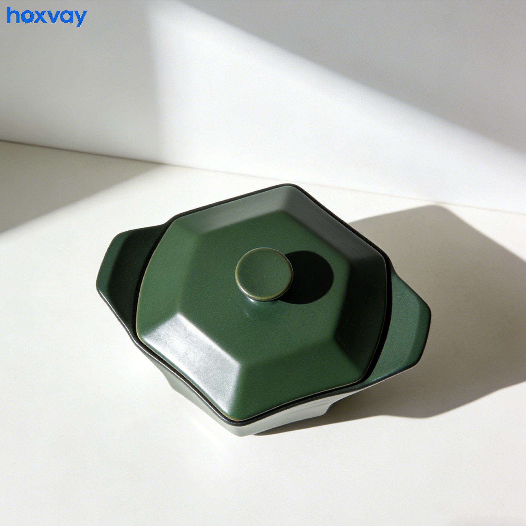 Double-eared pot filled with hearty soup