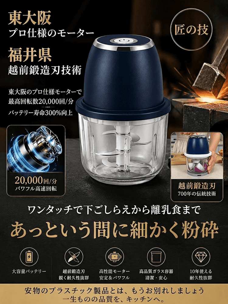 コードレスで持ち運び便利な軽量ミニフードプロセッサー