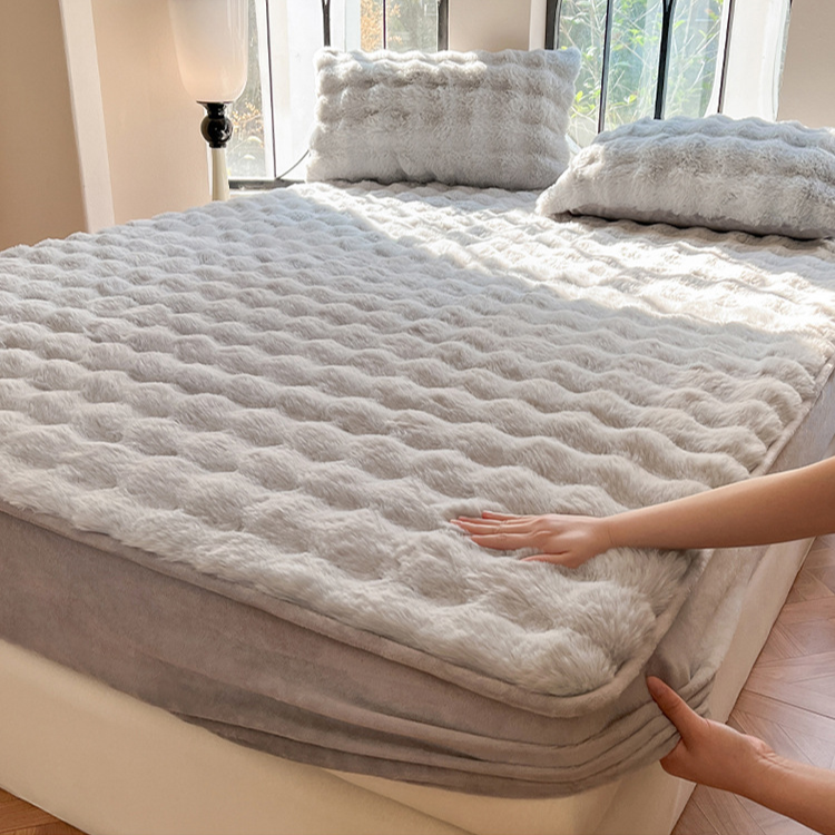 Funda de colchón de felpa gruesa de conejo de leche de lujo ligero