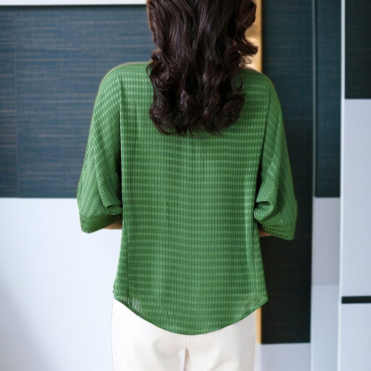 디자인 5부 소매 실크 셔츠 여름 상의 여 루즈핏 여성 캐주얼 얇은 티셔츠 돌넥 조거 실크 셔츠