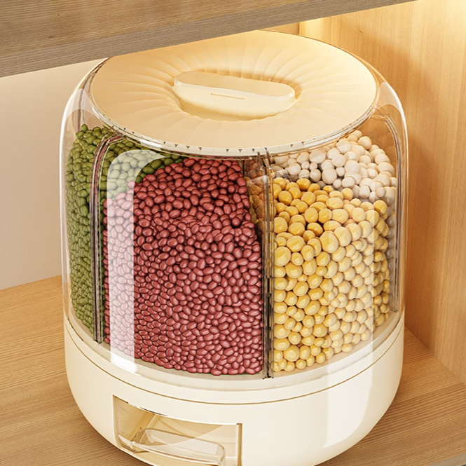 家庭用回転式プッシュ収納バケツ 五穀米密封保存容器