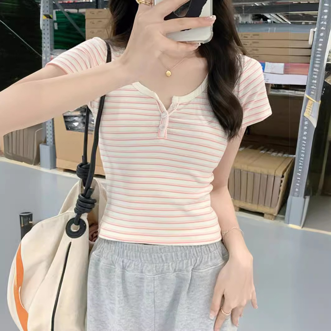 정어깨 스트라이프 반팔 티셔츠 여성 학생 숏 상의