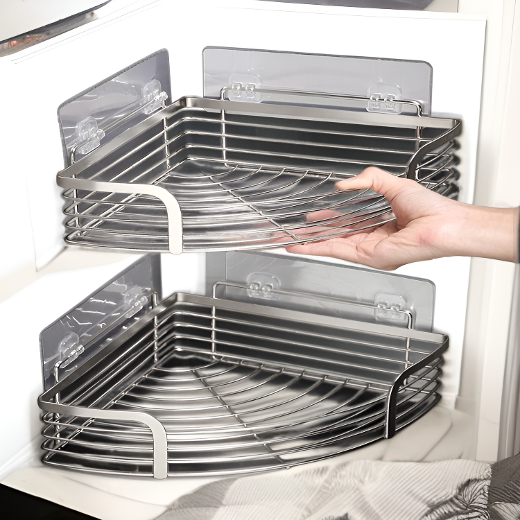 ชั้นวางของในห้องน้ำเข้ามุม สแตนเลส 304 ไม่ต้องเจาะ สามคน