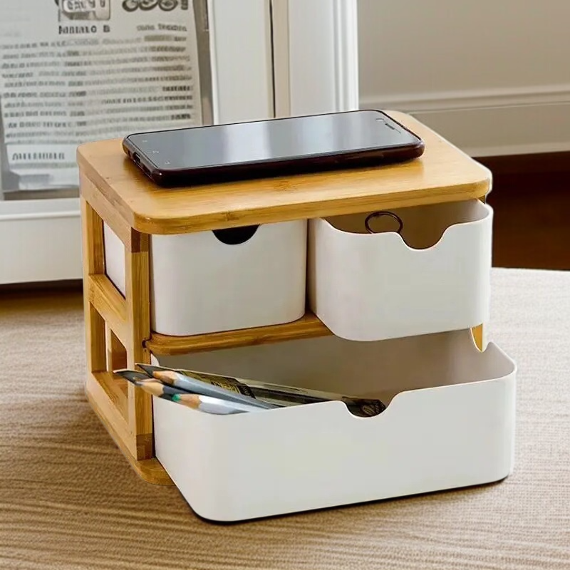 デスクトップ生分解性多層竹木製収納ボックス 引き出しデスクトップ竹繊維オーガナイザー 家庭用化粧品オーガナイザー