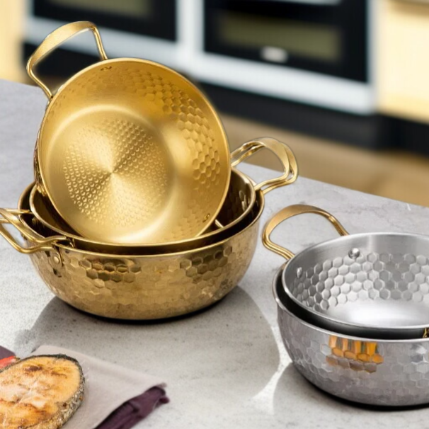 Cazuela y sartén dorada duradera de doble asa, especial para cocina de inducción y fideos