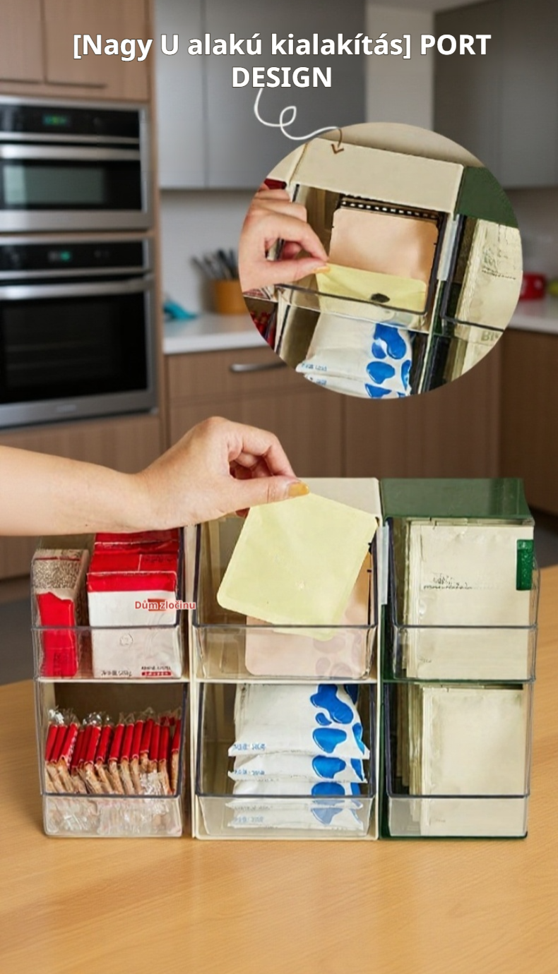 Kávové sáčky uložené v transparentním regálu