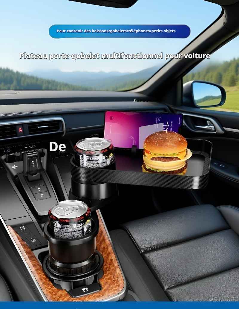 Support de gobelet de voiture 2-en-1 avec plateau installé sur console centrale