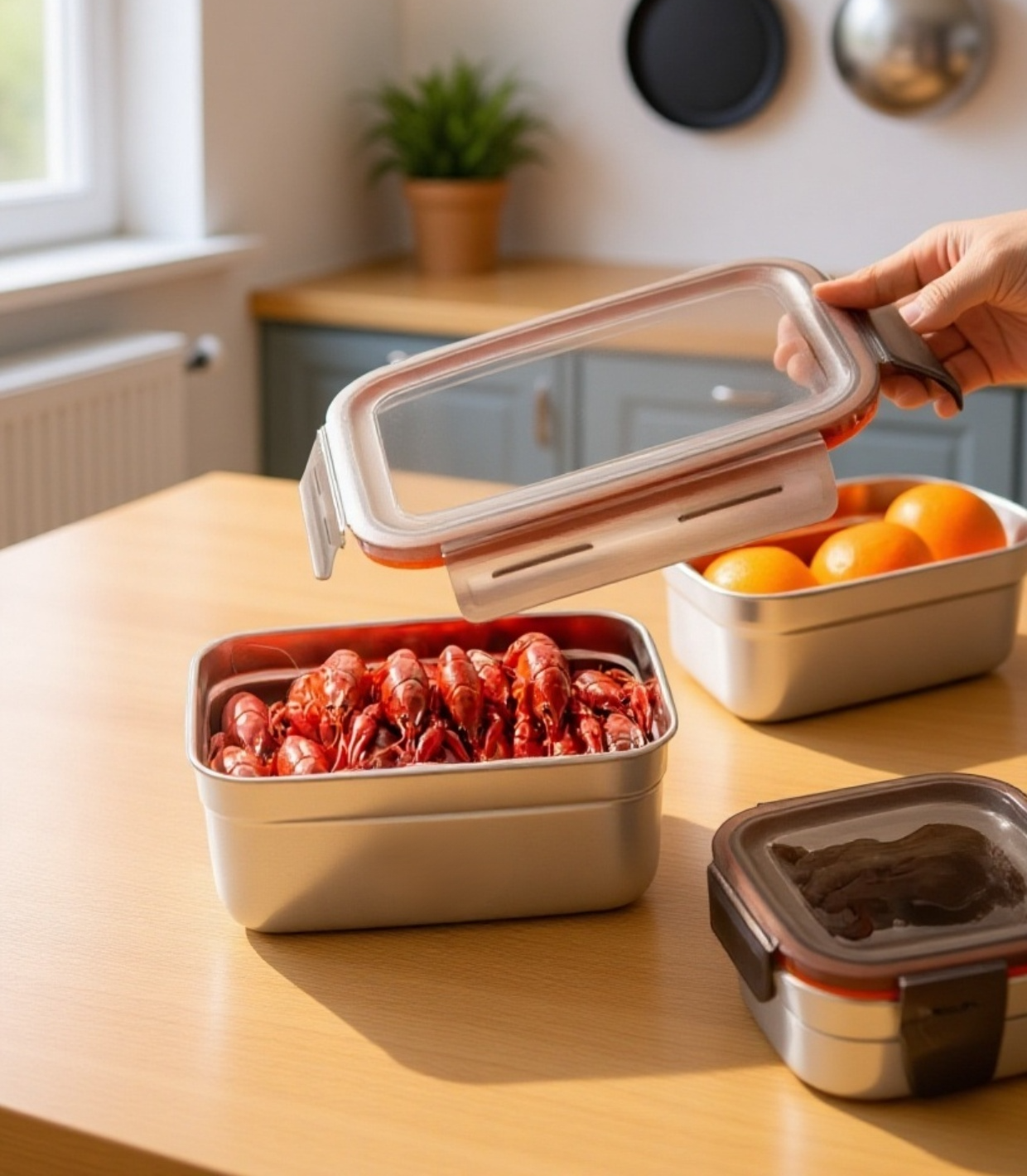 여러 크기의 스테인리스 냉장고 수납함 세트