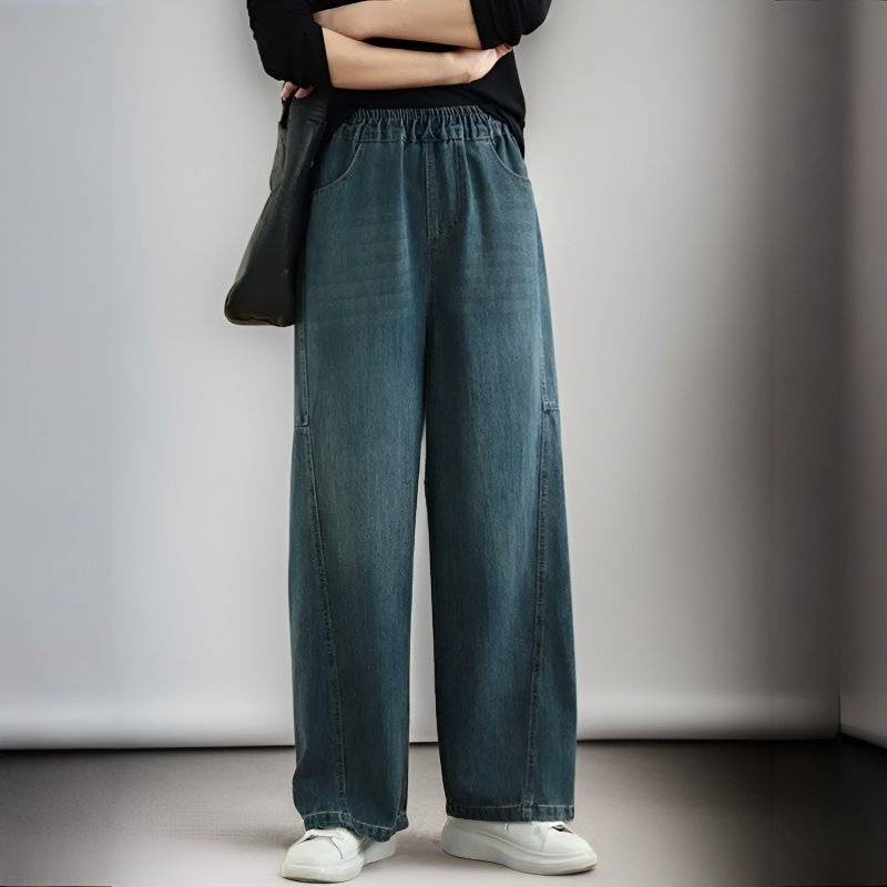 秋の和風刺繍ワイドレッグジーンズ