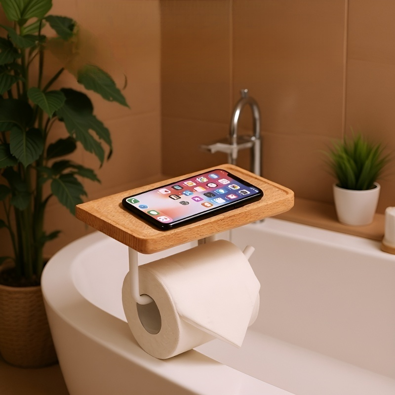 Estante para móvil integrado en soporte de papel higiénico