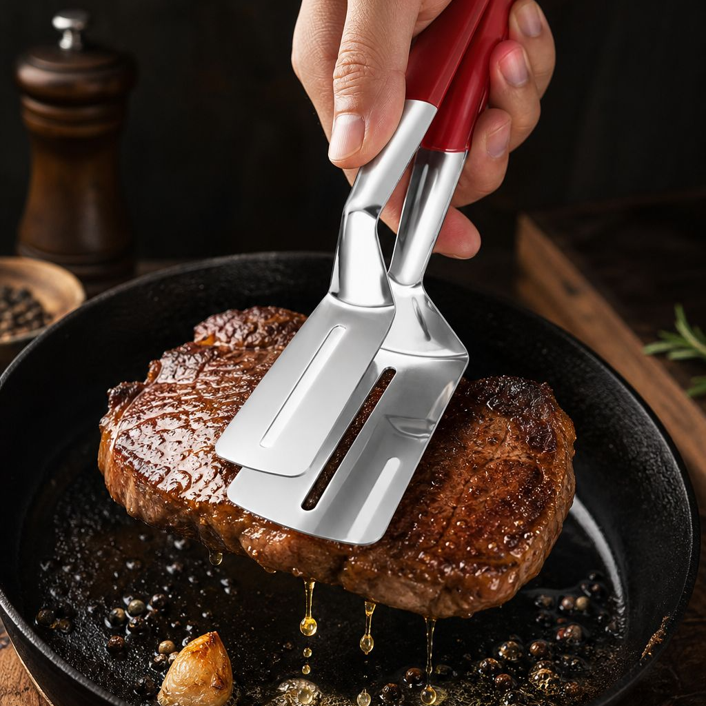 304 Stainless Steel Fry Fish Spatula and Steak Clip 2-in-1 Cooking Tool