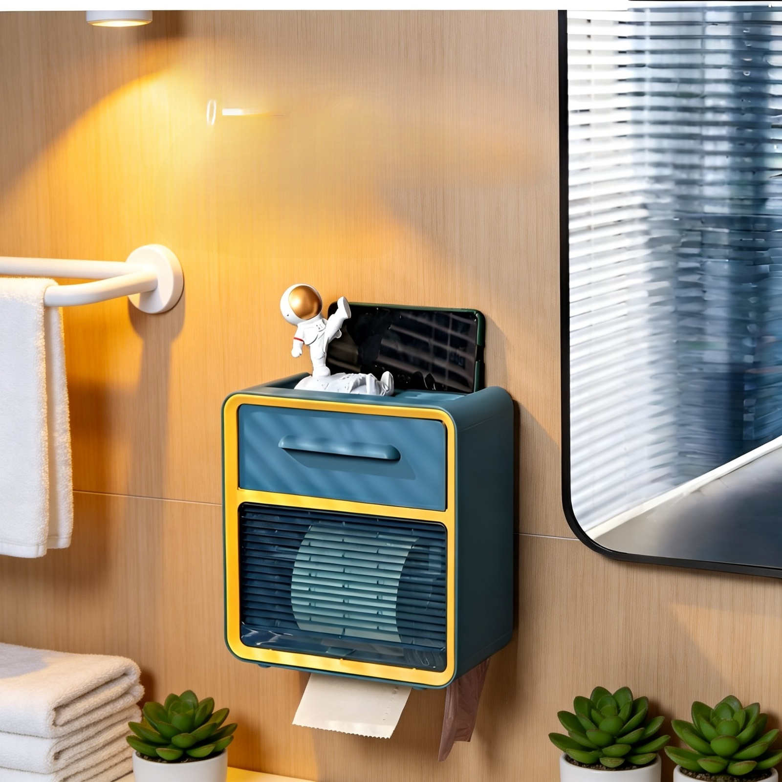 Caja de pañuelos de baño montada en la pared sin taladrar con cajón