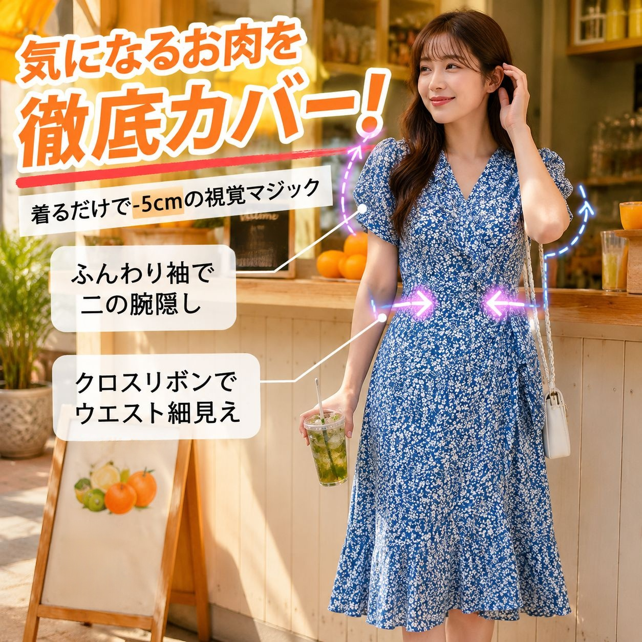 ウエスト絞りストリング 花柄ワンピース 夏 レディース