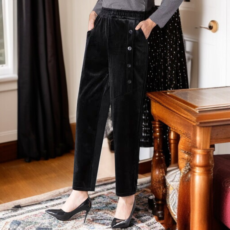 カジュアルパンツ レディース 中綿入り とろみ コーデュロイ ハイウエスト ストレートレッグ あったか ゆったり カジュアルパンツ