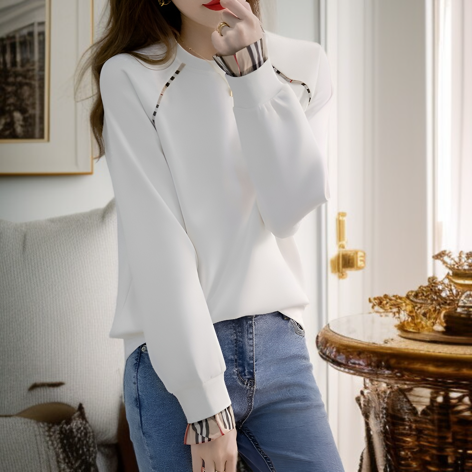 春秋新作 レディース 薄手 コットン プルオーバー 韓国風 長袖 フェイクツーピース トップス