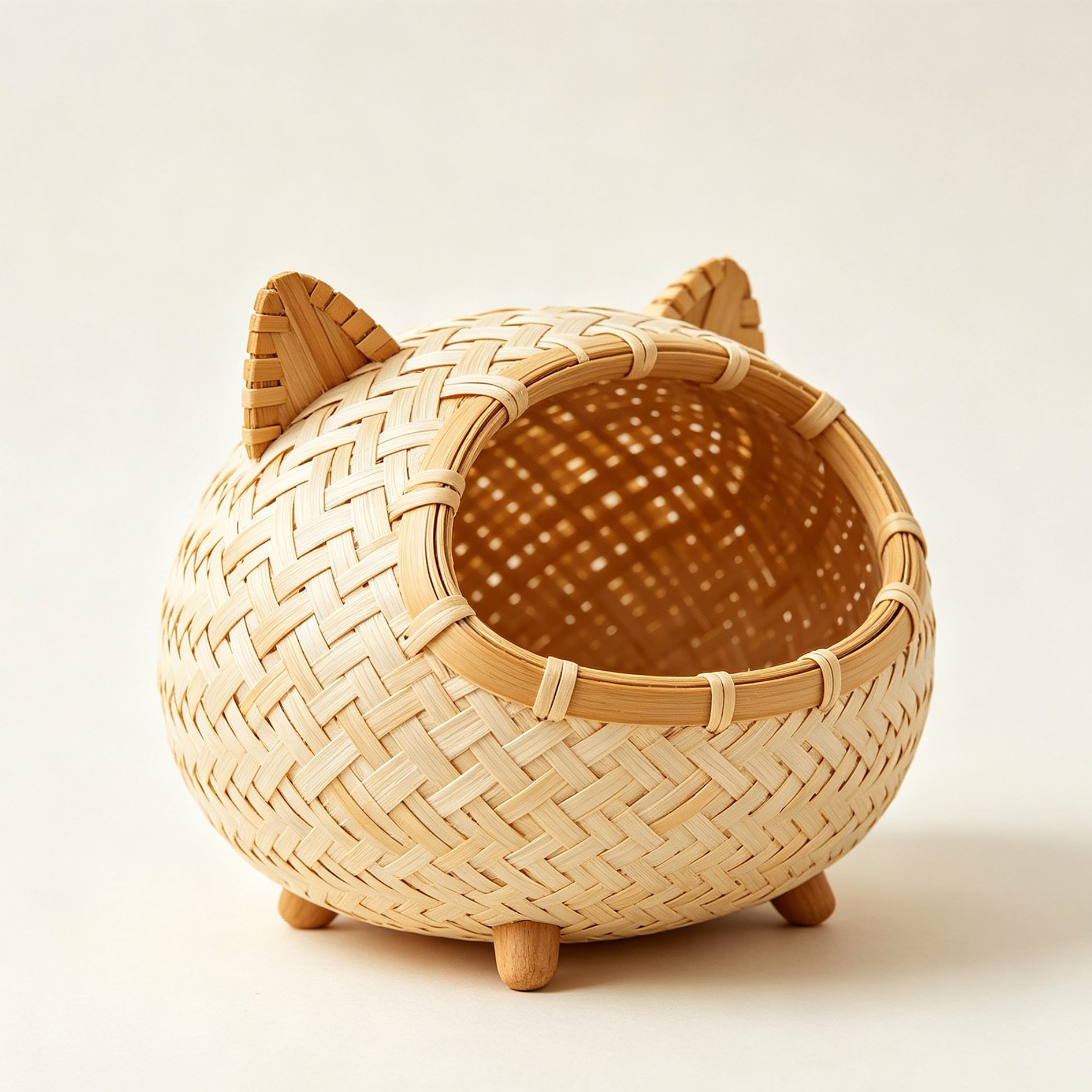 猫耳型竹製編み込み収納バスケット