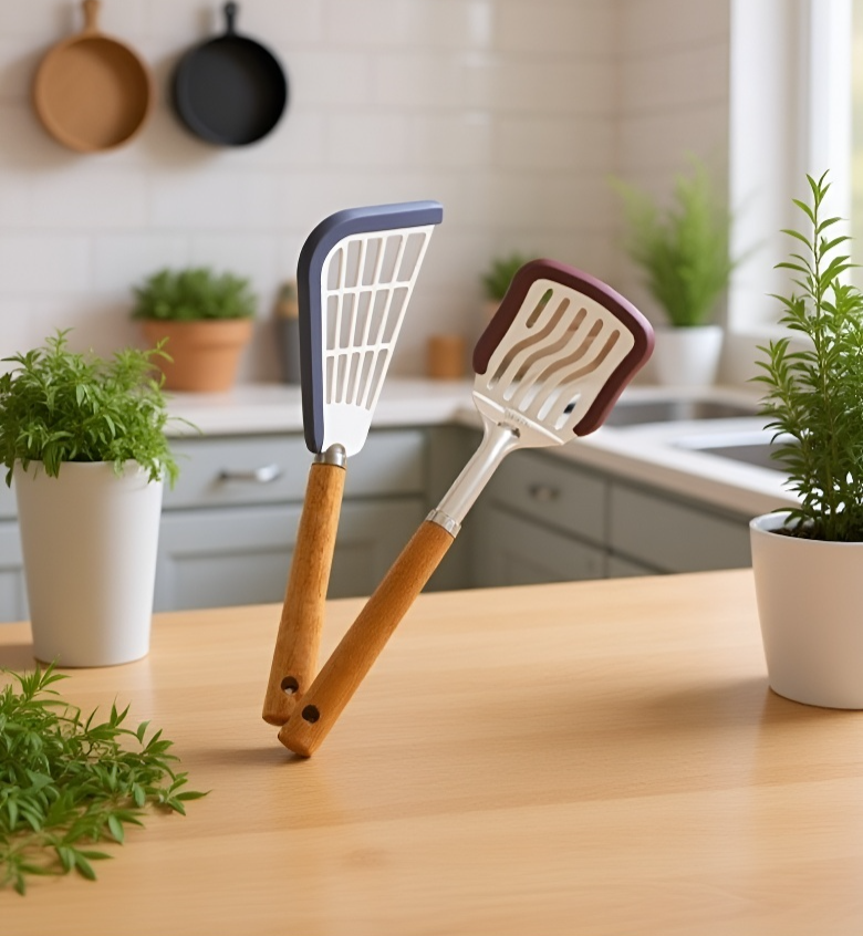 요리하는 모습의 실리콘 주걱이 달린 팬