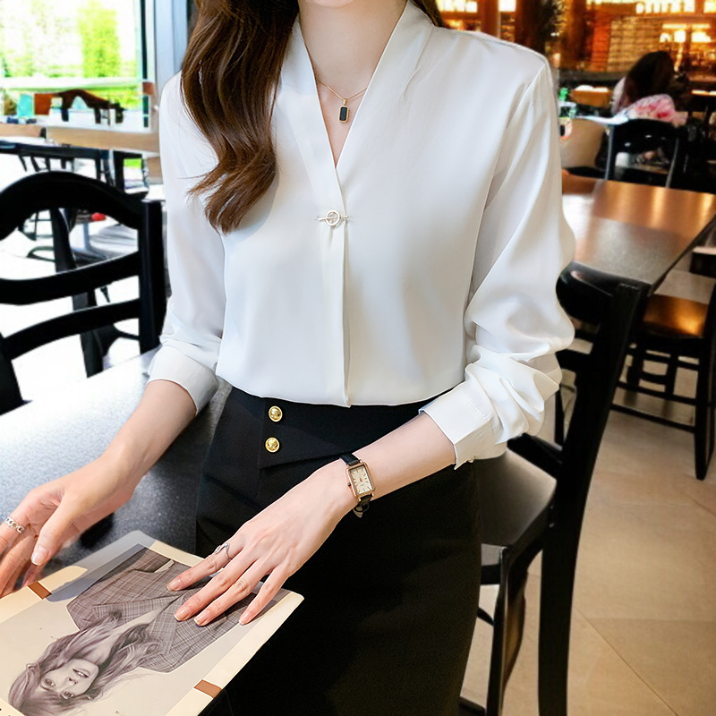 여성 화이트 긴팔 작업복 브이넥 긴팔 셔츠 패션 기질 정장 화이트 셔츠 여