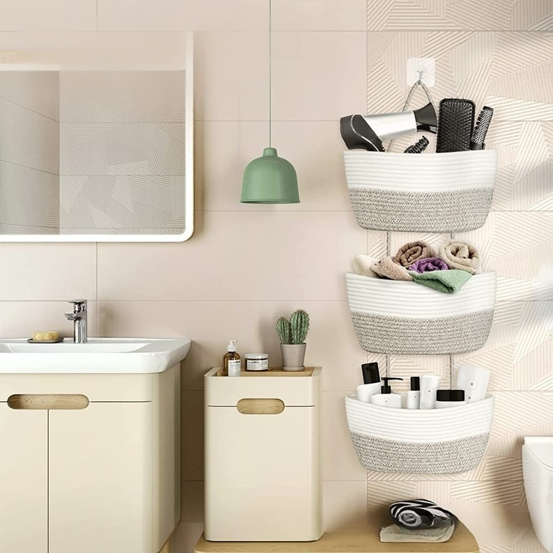 三層掛籃棉繩編織收納筐