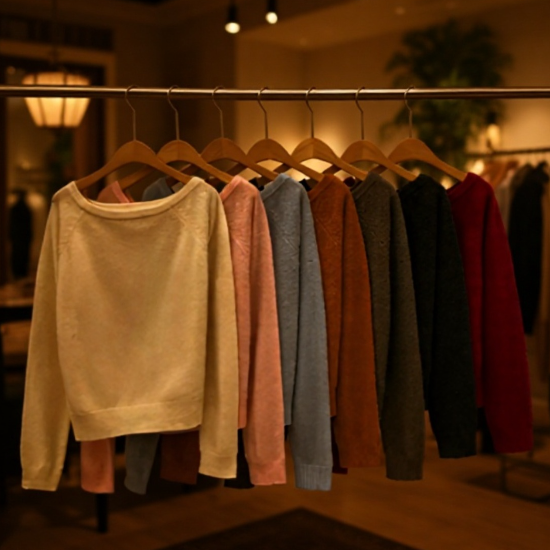 オフショルダーのウールセーター。柔らかくて暖かい。