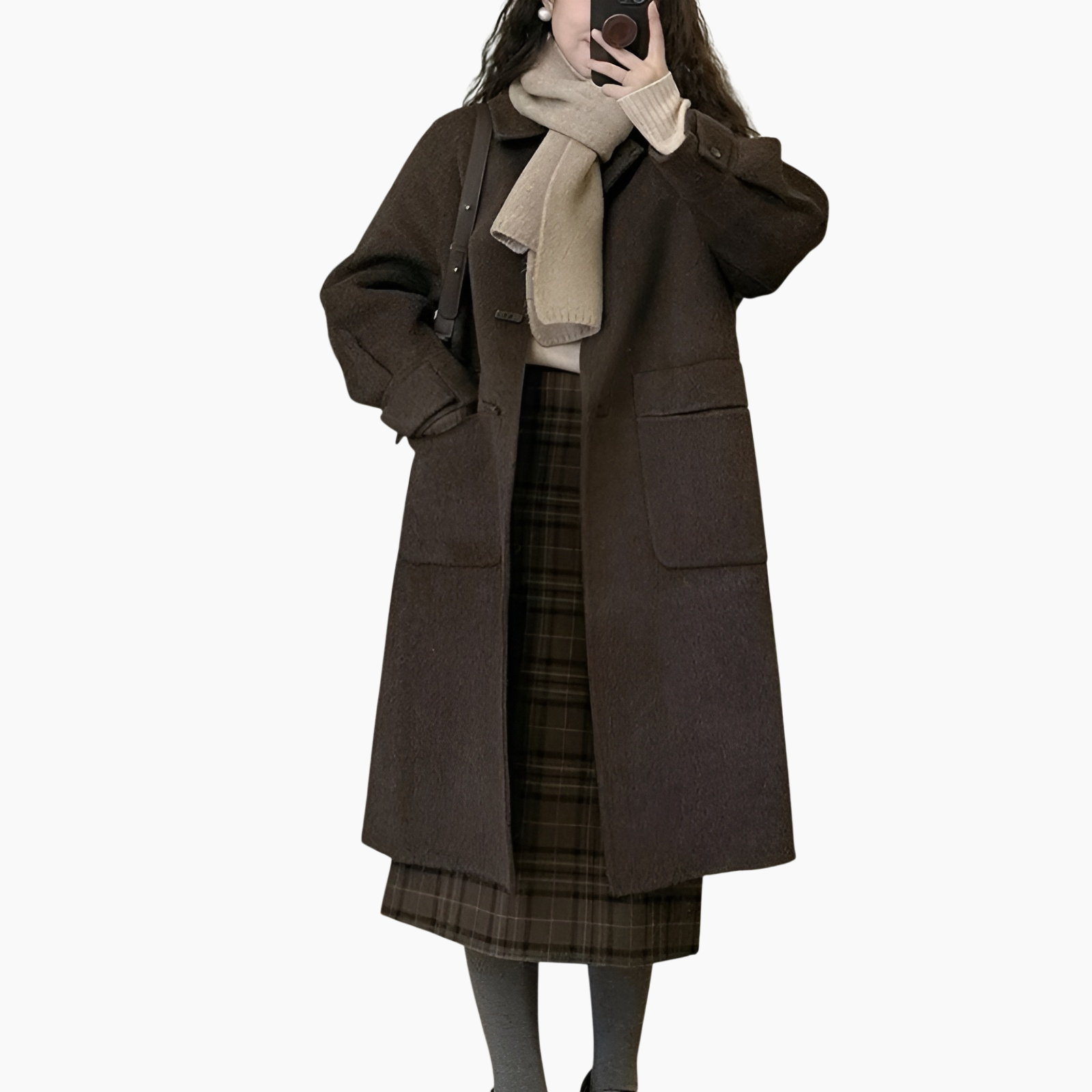 小柄女性向け加厚カフェ色ダッフルコート ヘップバーン風 2025年秋冬新作 裏起毛ウールジャケット