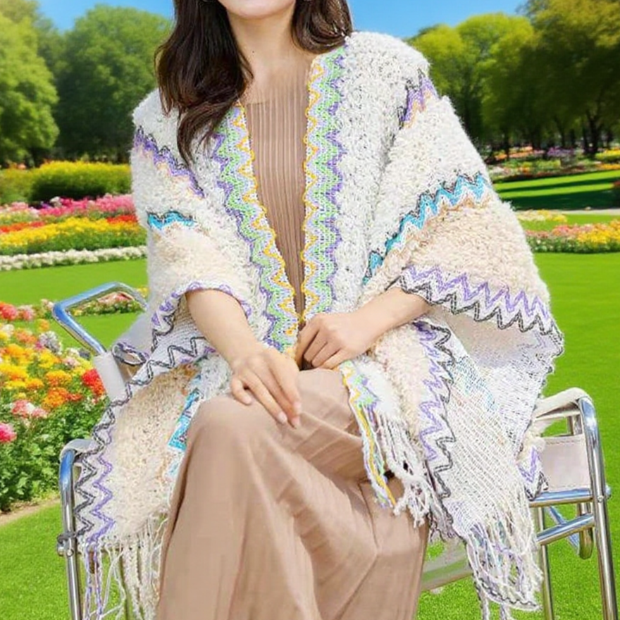 Close-up of soft woolen fabric and detailed print