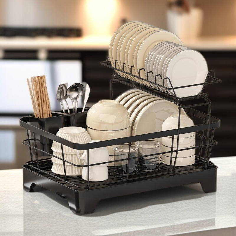 물빠짐 그릇 선반 가정용 탄소강 그릇 수납 선반 주방 선반 수저통 2단 그릇 선반 물빠짐 선반
