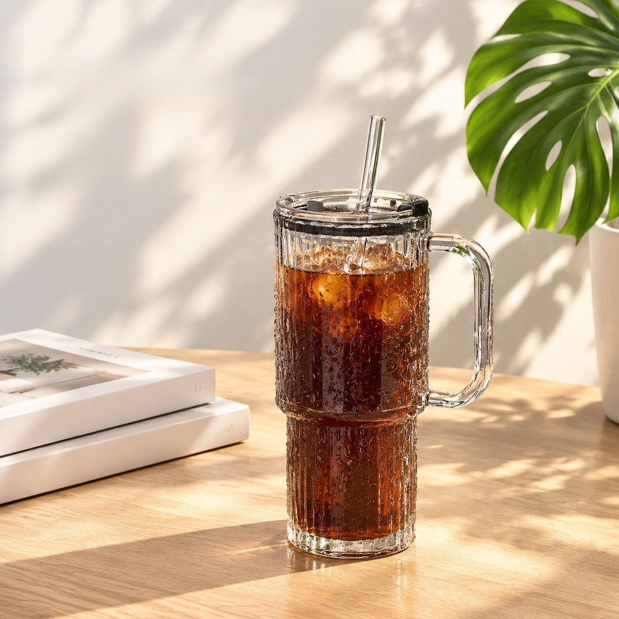 Portable Large Glass Cup with Straw and Handle