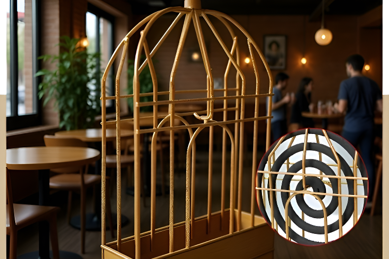 Decorative birdcage mosquito coil holder with mosquito coil inside