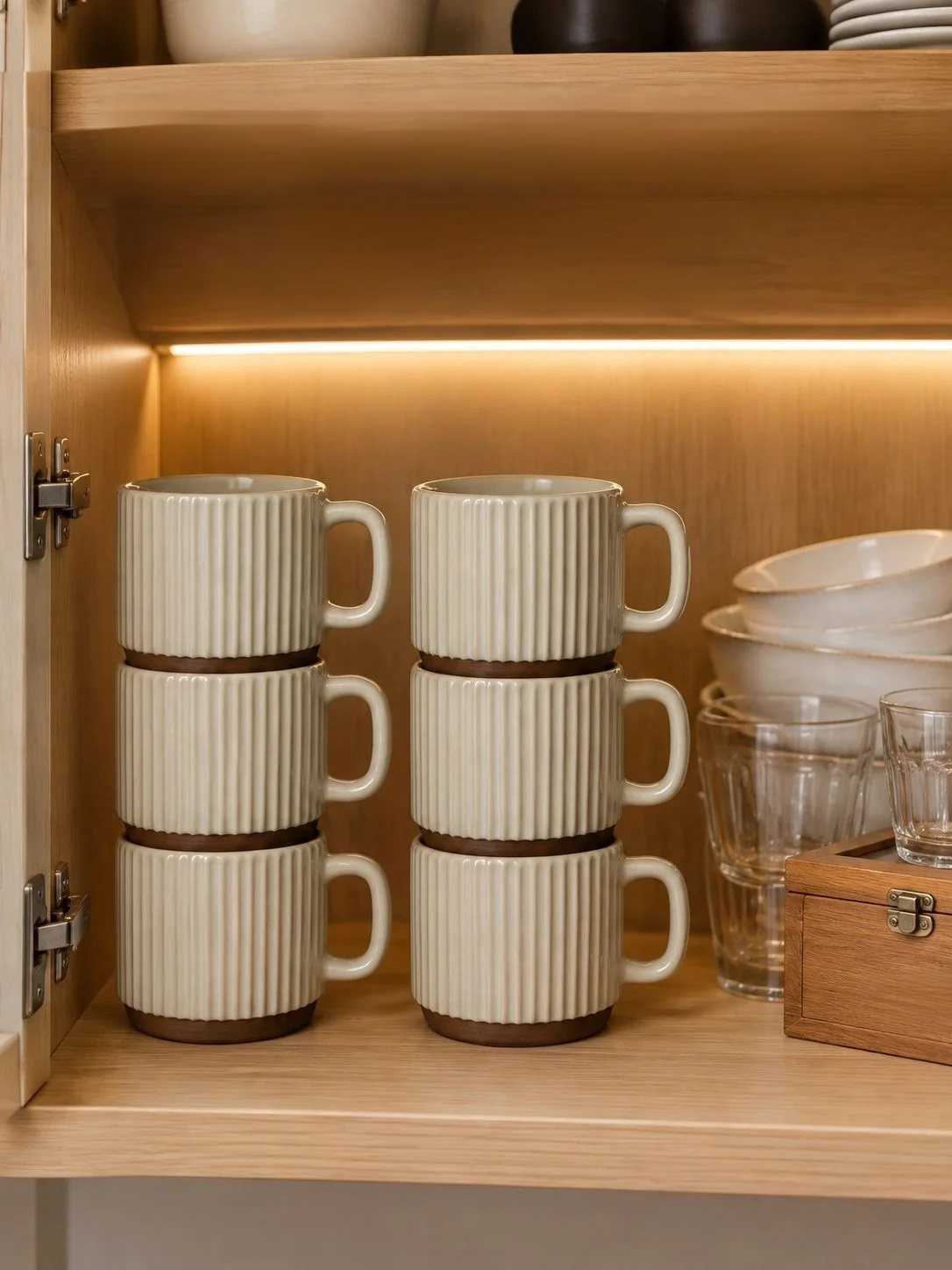 Durable stoneware stacking mugs with soft beige tones