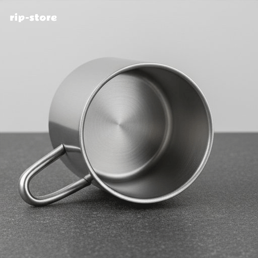 Stainless steel office cups filled with coffee and tea