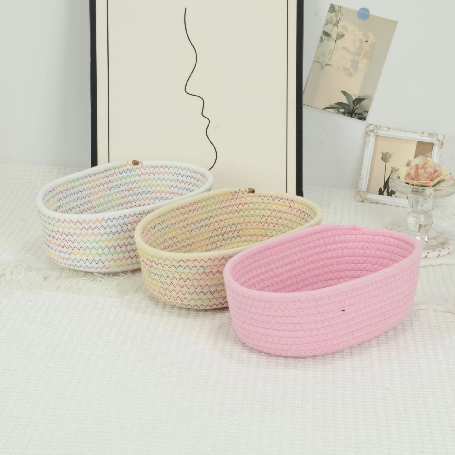 綿ロープ編み楕円形収納バスケット 家庭用お菓子・化粧品整理カゴ